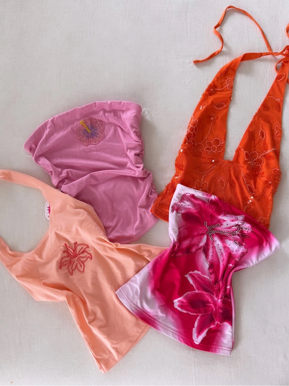 Bright Floral & Sequin Halter Tops - Pink, Orange, Peach bundle